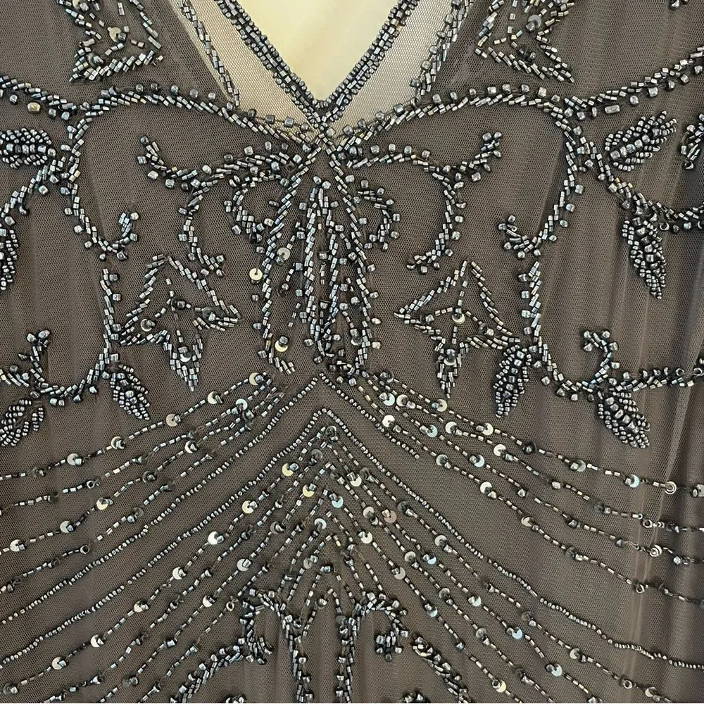 Pisarro Nights Beaded Long Short Sleeve Gown, Size 14, Charcoal Gray, NWT - Picture 7 of 11